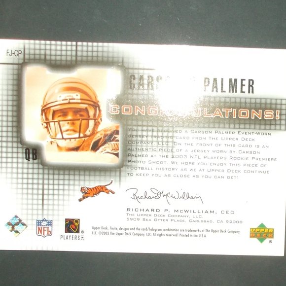 Carson Palmer 2003 NFL Upper Deck Finite Jersey Black Carson Palmer Relic #95/99 - Picture 3 of 3
